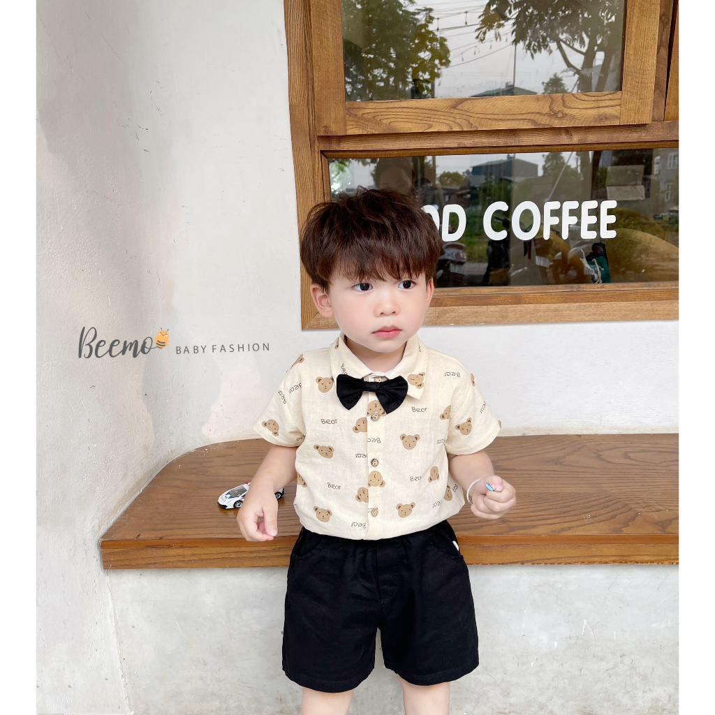 Set bộ sơ mi Beemo kèm nơ in gấu áo đũi mix quần kaki mềm mát mặc hè đi chơi, đi tiệc cho bé từ 1 - 7 tuổi 23251B