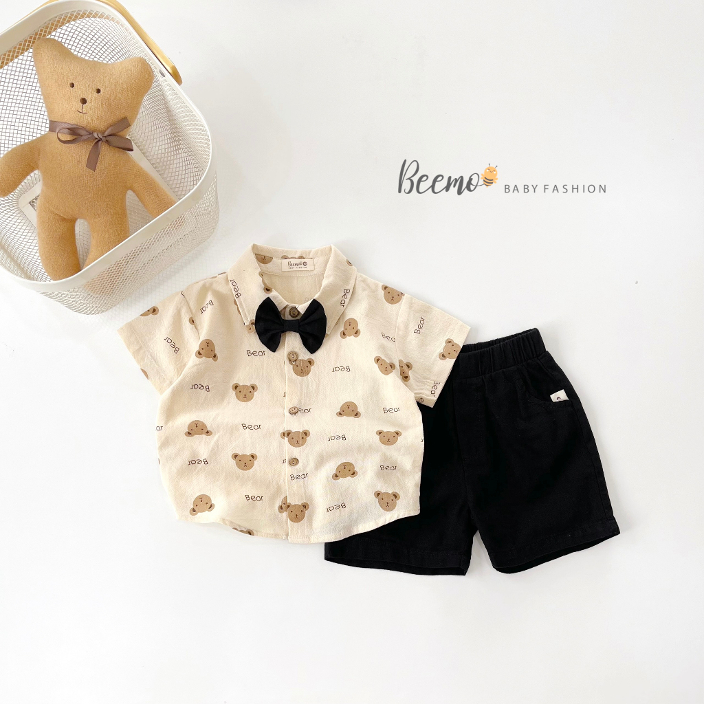 Set bộ sơ mi Beemo kèm nơ in gấu áo đũi mix quần kaki mềm mát mặc hè đi chơi, đi tiệc cho bé từ 1 - 7 tuổi 23251B