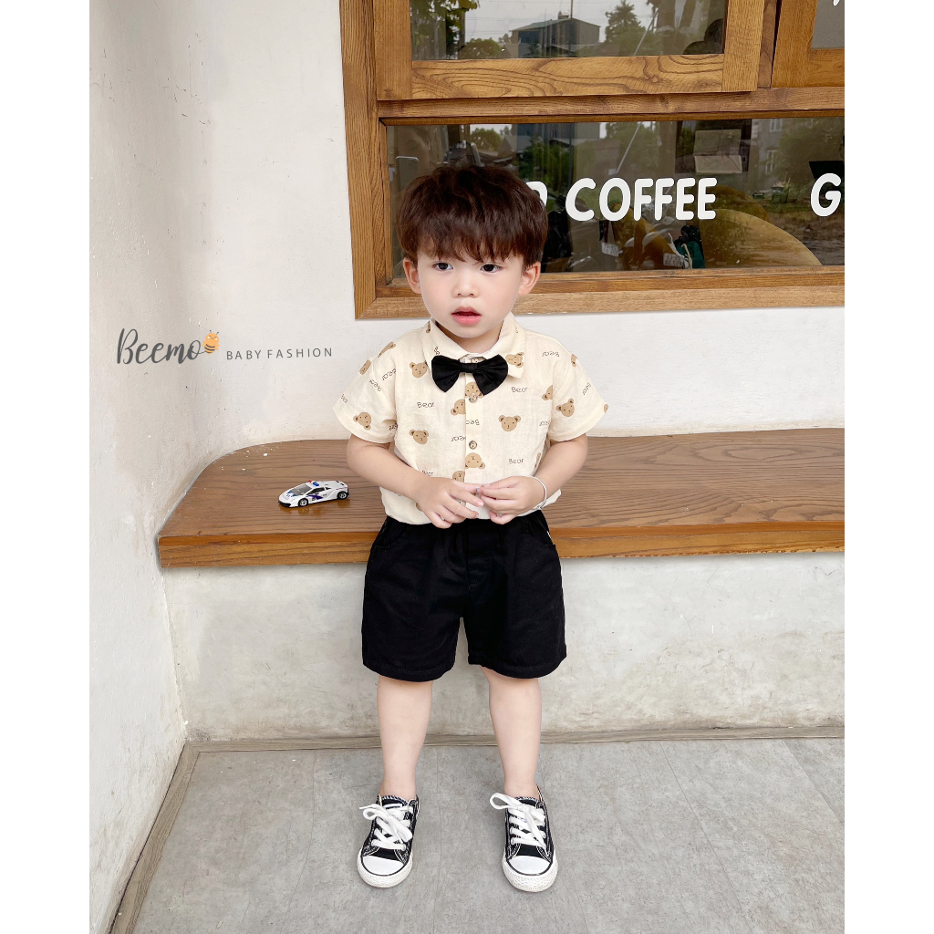 Set bộ sơ mi Beemo kèm nơ in gấu áo đũi mix quần kaki mềm mát mặc hè đi chơi, đi tiệc cho bé từ 1 - 7 tuổi 23251B