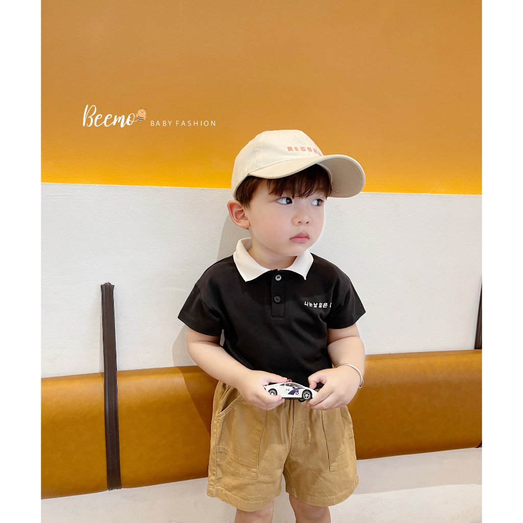 Set bộ quần áo Beemo cổ polo in chữ Hàn Quốc trước ngực chất liệu cotton cá sấu mềm mát mặc hè cho bé 1 - 7 tuổi 23171B