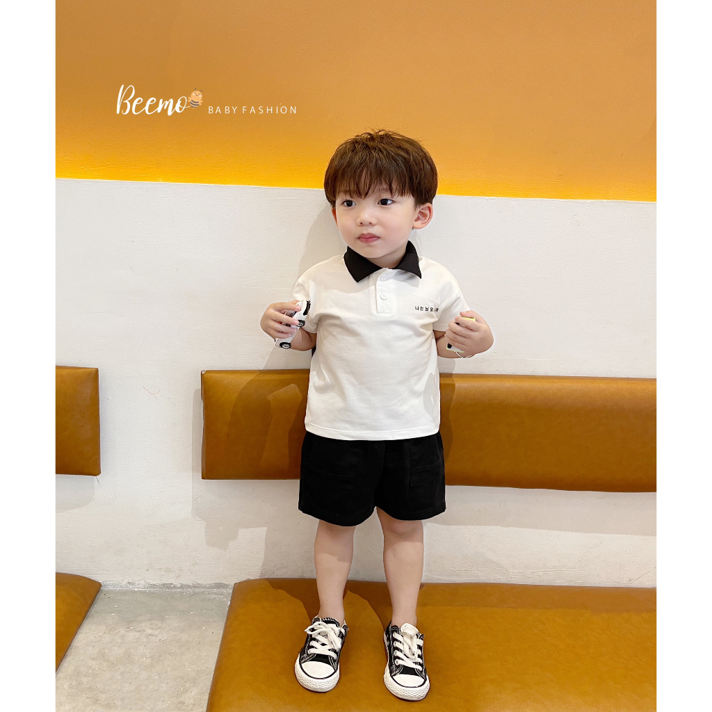 Set bộ quần áo Beemo cổ polo in chữ Hàn Quốc trước ngực chất liệu cotton cá sấu mềm mát mặc hè cho bé 1 - 7 tuổi 23171B