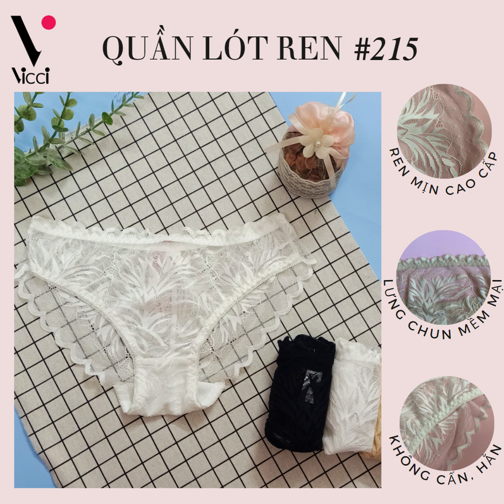 [BST mới] Quần lót nữ Vicci 215 cạp thấp, vải ren xuyên thấu thời trang quyến rũ màu trắng