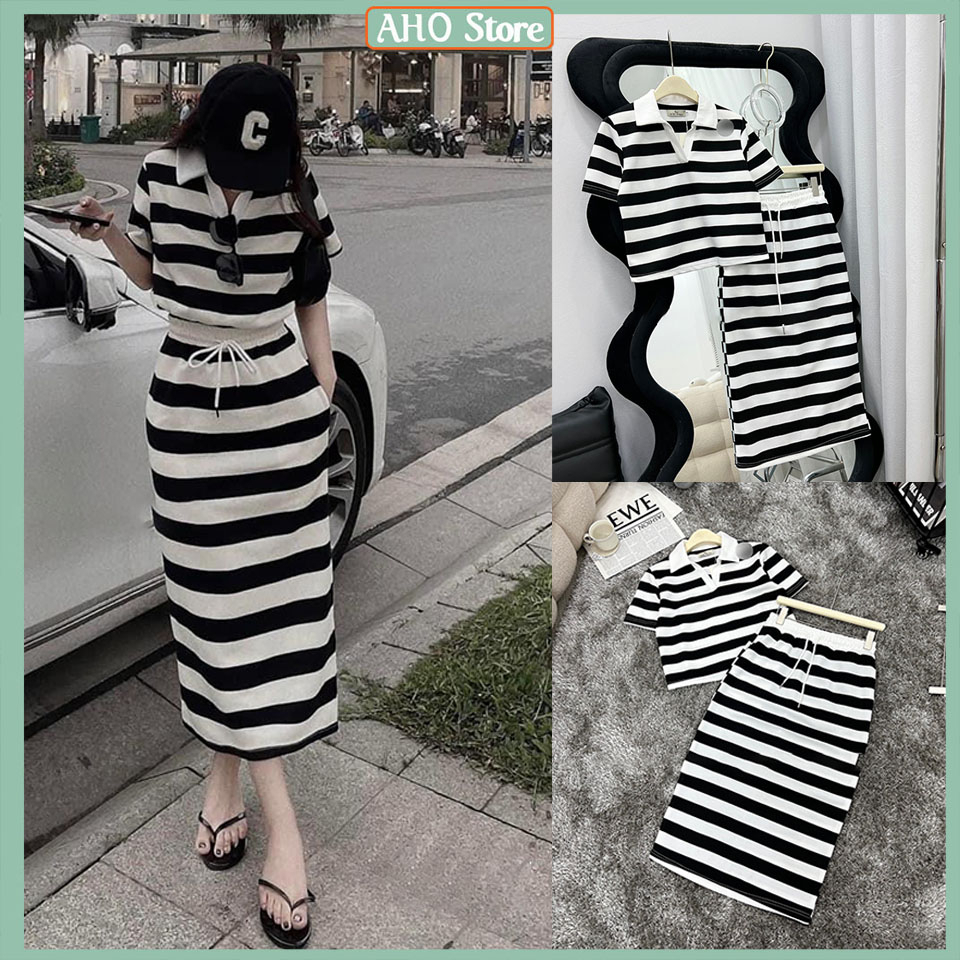 Set Váy Nữ Kẻ Ngang Áo Croptop Kẻ Ngang Cổ Polo Mix Chân Váy Chữ A Kẻ Ngang Dáng Dài Freesize