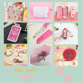Đồ dùng Hello Kitty cho bé màu hồng xinh xắn ống tiết kiệm, tai nghe, dù che mưa, giá chặn sách, móc treo, hộp bút viết
