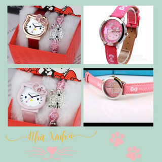 Đồng hồ Hello Kitty kèm lắc tay quà tặng xinh xắn cho bé gái hồng đỏ trắng, đồng hồ đeo tay mặt kiếng HK Nhà Xinh Decor