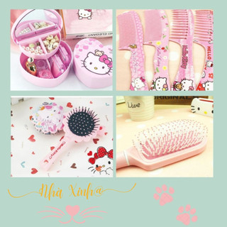 Hộp đựng trang sức mini, gương soi, lược chải tóc cho bé gái Hello Kitty màu hồng đáng yêu, lược tròn lược thẳng