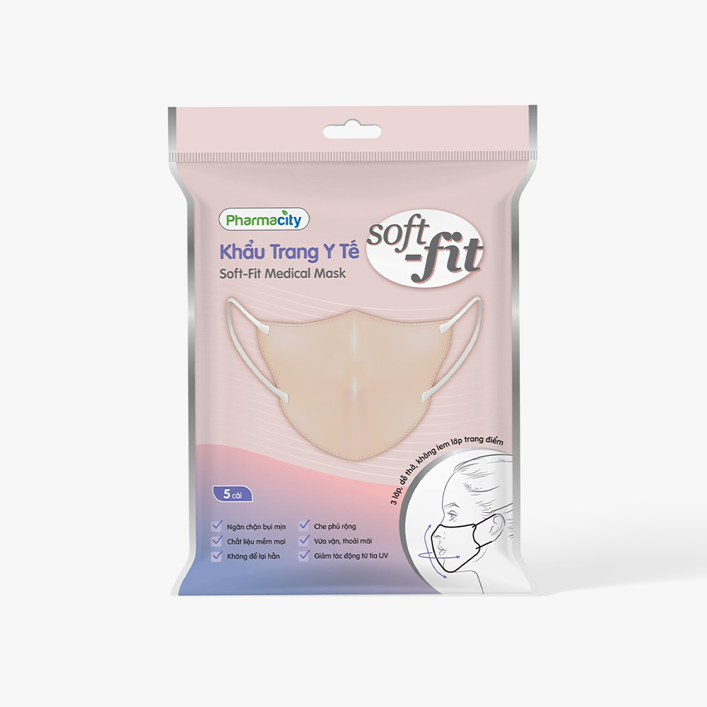 Khẩu trang Pharmacity y tế màu hồng Soft-fit Gói 5 cái