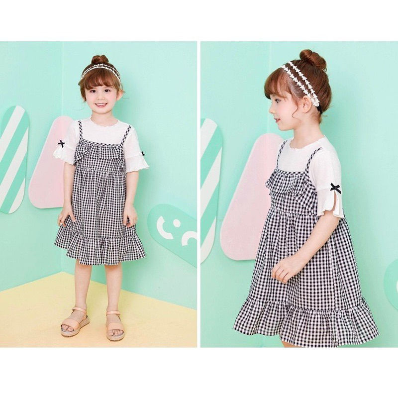 Đầm Jelispoon Việt Nam xuất Hàn caro đen phối áo trắng