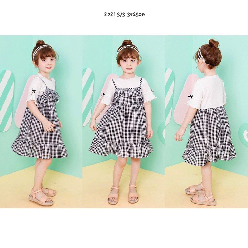 Đầm Jelispoon Việt Nam xuất Hàn caro đen phối áo trắng