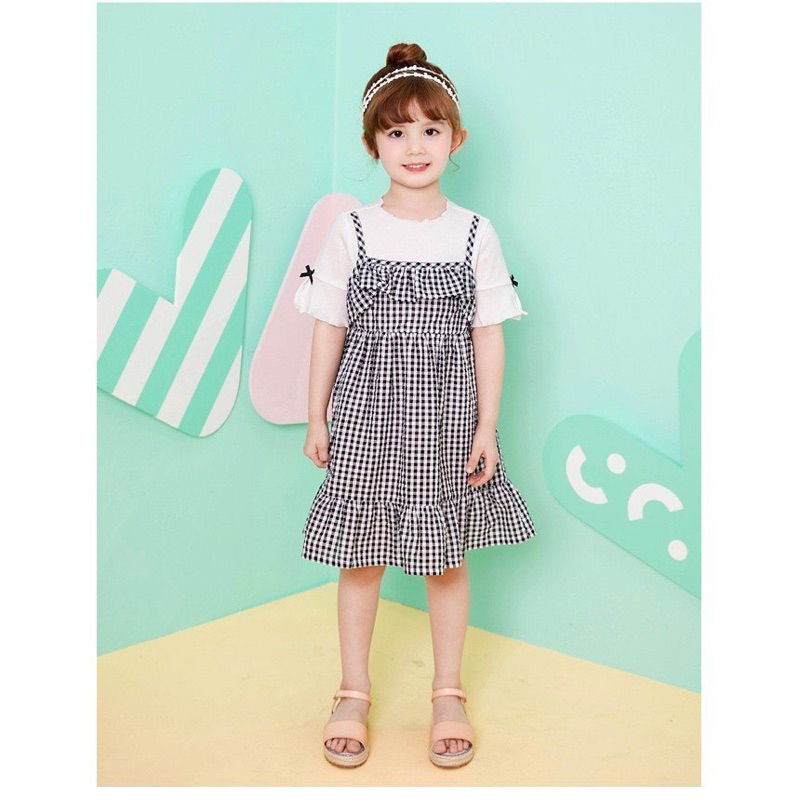 Đầm Jelispoon Việt Nam xuất Hàn caro đen phối áo trắng