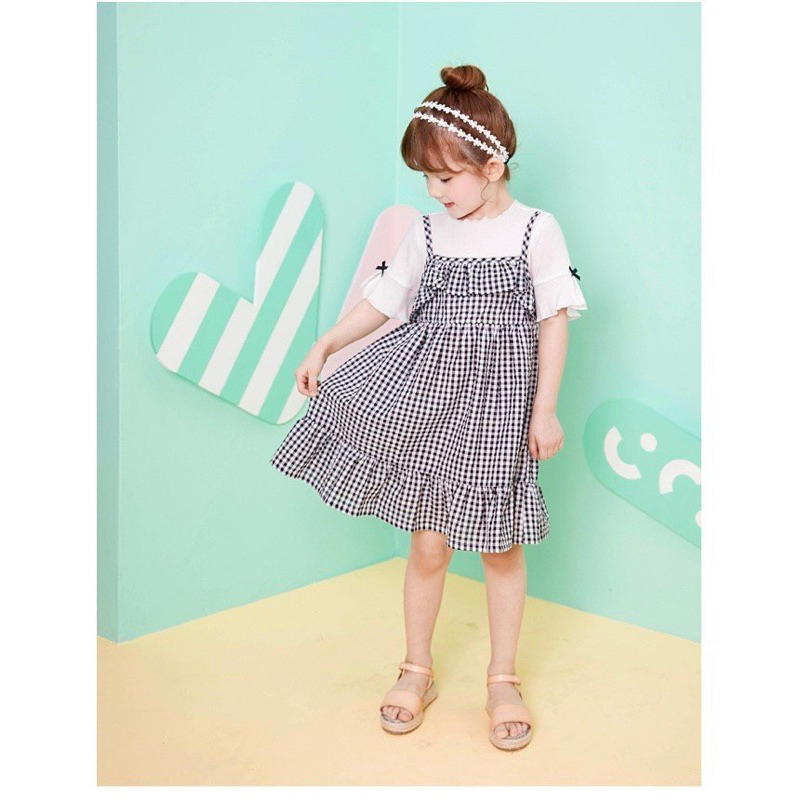 Đầm Jelispoon Việt Nam xuất Hàn caro đen phối áo trắng