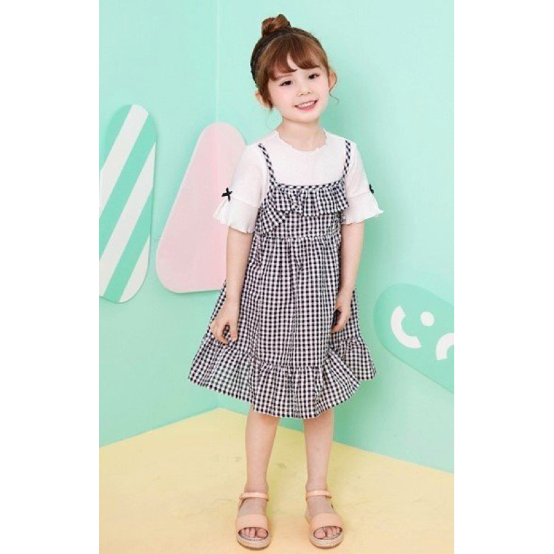 Đầm Jelispoon Việt Nam xuất Hàn caro đen phối áo trắng