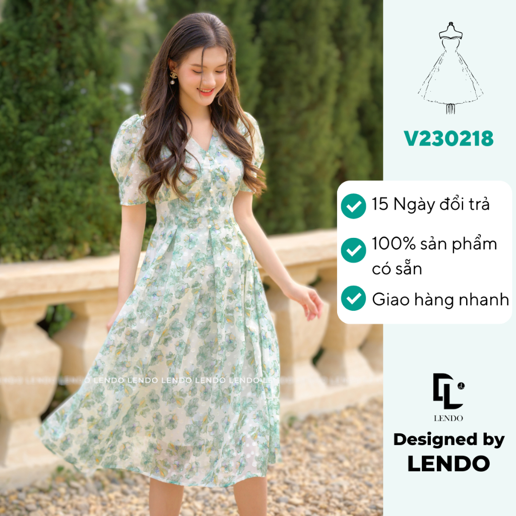 Đầm hoa xanh cổ v đính cúc ngọc LENDO V230218