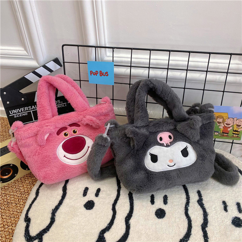 Túi đeo chéo tote cầm tay lông mịn mini hoạt hình gấu dâu kitty kuromi melody