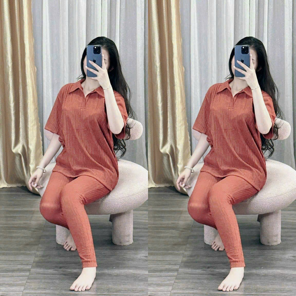 [5.5 Sales Freeship] Set bộ thun trơn basic quần dài, set áo thun from rộng cổ bẻ tay ngắn mix quần ôm nhiều màu TH