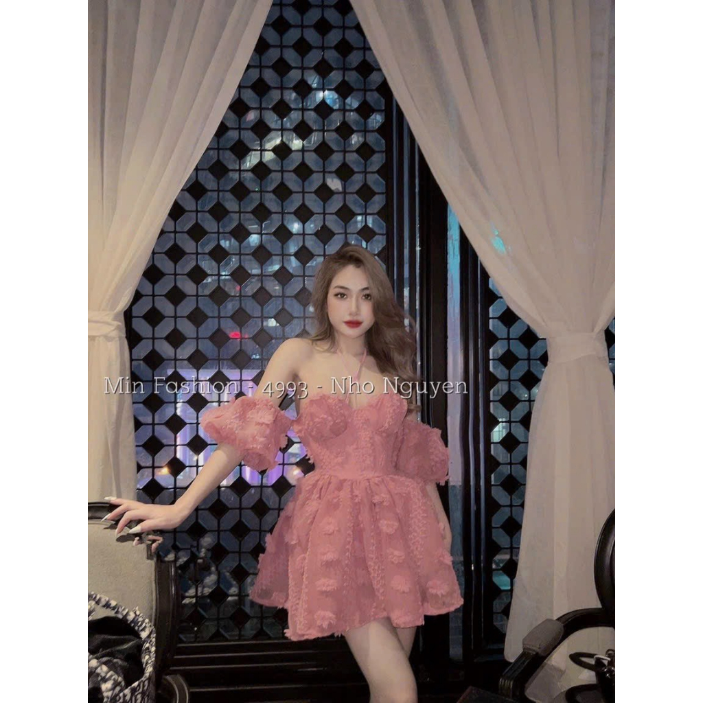 [5.5 Sales Freeship] Đầm tiểu thư nữ, đầm cúp ngưc tay phồng cột nơ ngực ôm eo dáng xòe chất xô bông sang chảnh TH
