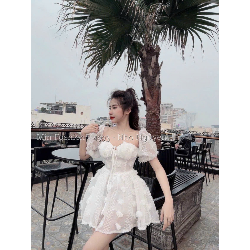 [5.5 Sales Freeship] Đầm tiểu thư nữ, đầm cúp ngưc tay phồng cột nơ ngực ôm eo dáng xòe chất xô bông sang chảnh TH