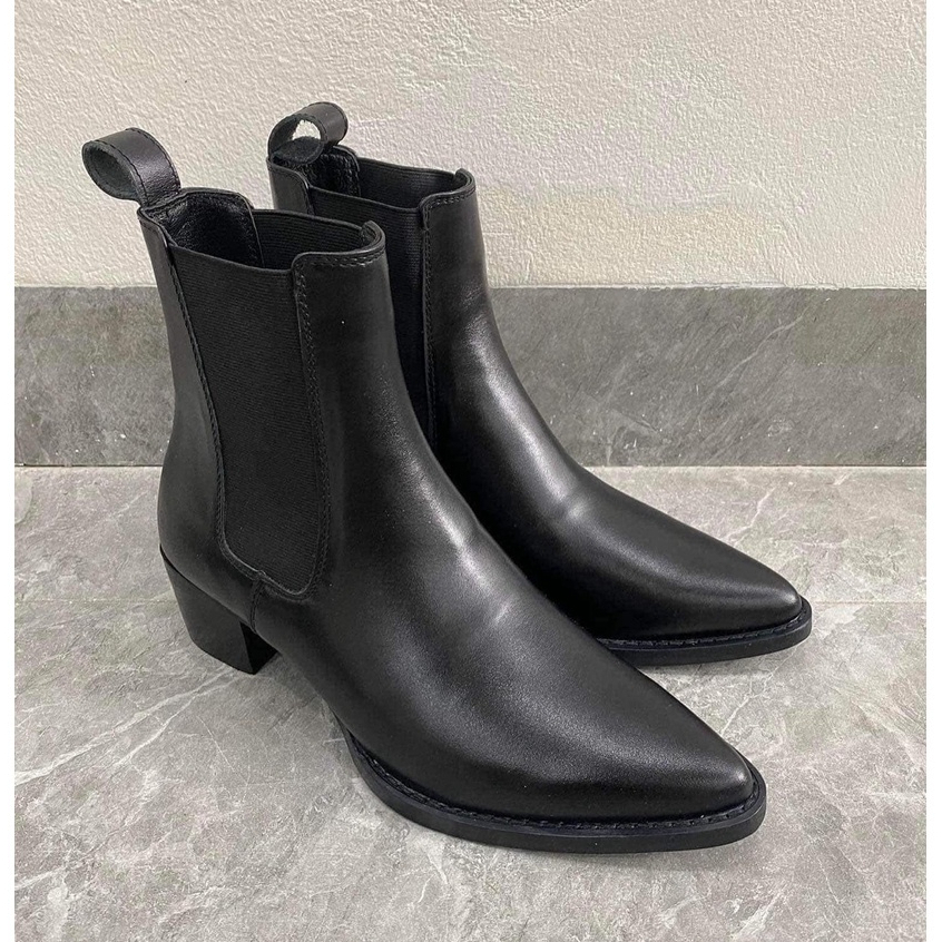 Giày Chelsea Boot Mũi Nhọn Da Bò Dế Phíp Gỗ 5cm