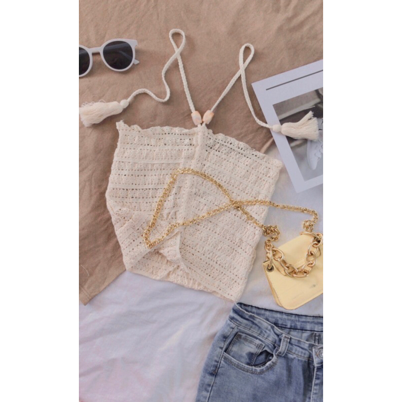Áo yếm ren croptop màu be cột dây cổ sexy cá tính freesize 55kg đồ về, ( Kèm ảnh thật trải sàn ạ) | BigBuy360 - bigbuy360.vn