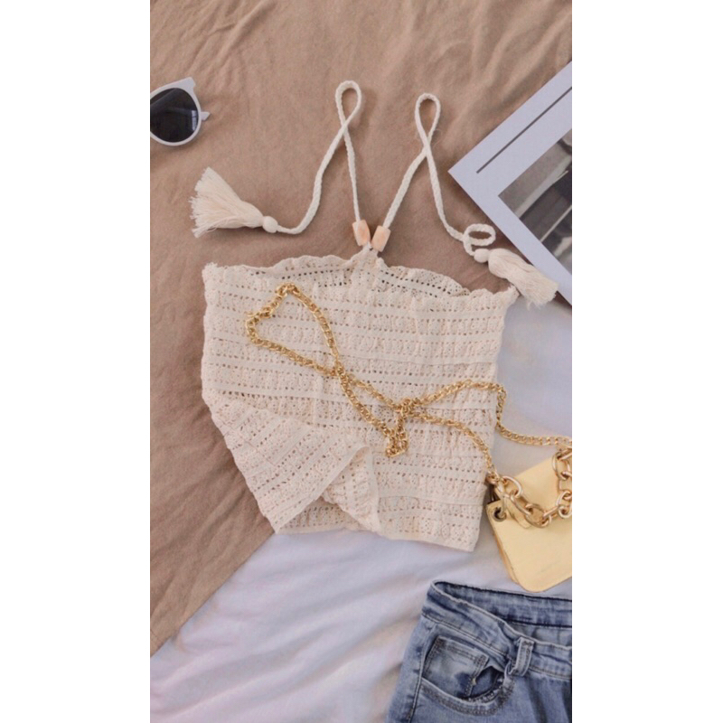 Áo yếm ren croptop màu be cột dây cổ sexy cá tính freesize 55kg đồ về, ( Kèm ảnh thật trải sàn ạ) | BigBuy360 - bigbuy360.vn