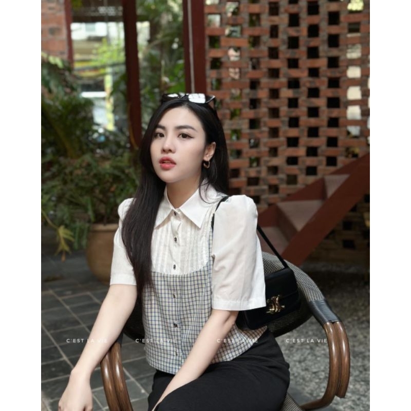 Áo sơ mi tay lửng phối kẻ style Hàn Quốc trẻ trung năng động - Có buôn sỉ -SP 3451