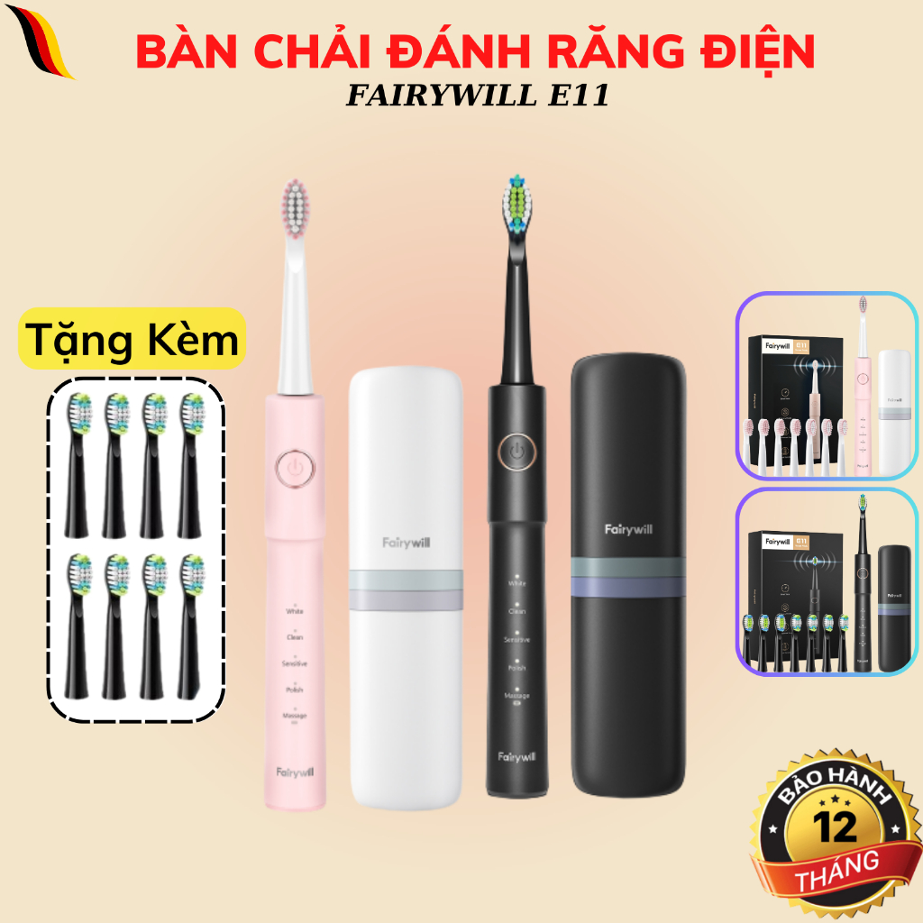 Bàn chải điện 5 chế độ Fairywill với công nghệ sóng siêu âm tiên tiến làm trắng sáng ,sạch ố vàng hiệu quả đến 99,9%