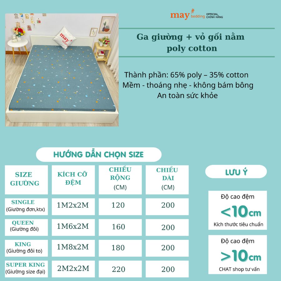 Ga giường Maybedding - Ga trải nệm giường poly cotton chun drap bọc đệm 1m2 1m6 1m8 2m 2m2