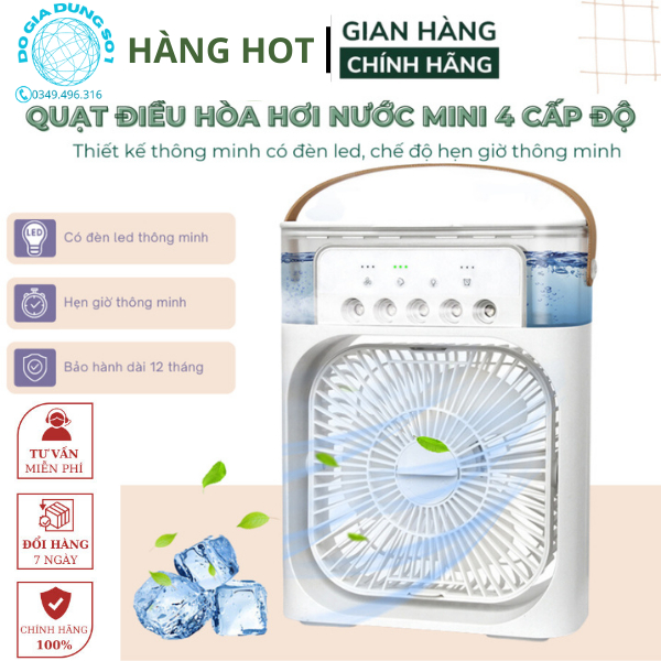Quạt điều hòa hơi nước tích hợp đèn LED, quạt có khay chứa đá lạnh phun sương tạo ẩm hẹn giờ (sẵn hàng giao ngay)