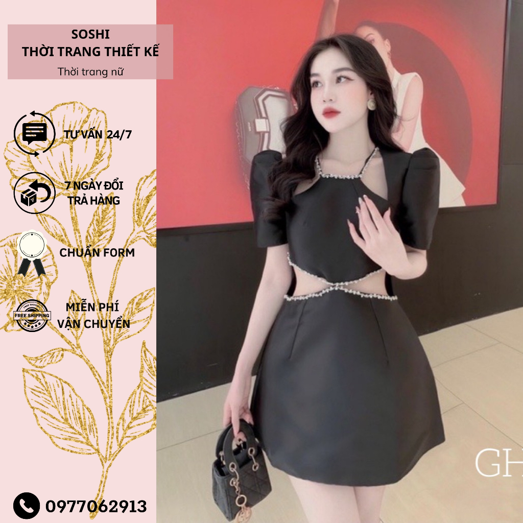 Váy thiết kế khoét eo, đầm dự tiệc cổ yếm đính kết tỉ mỉ chất tafta cao cấp chuẩn form