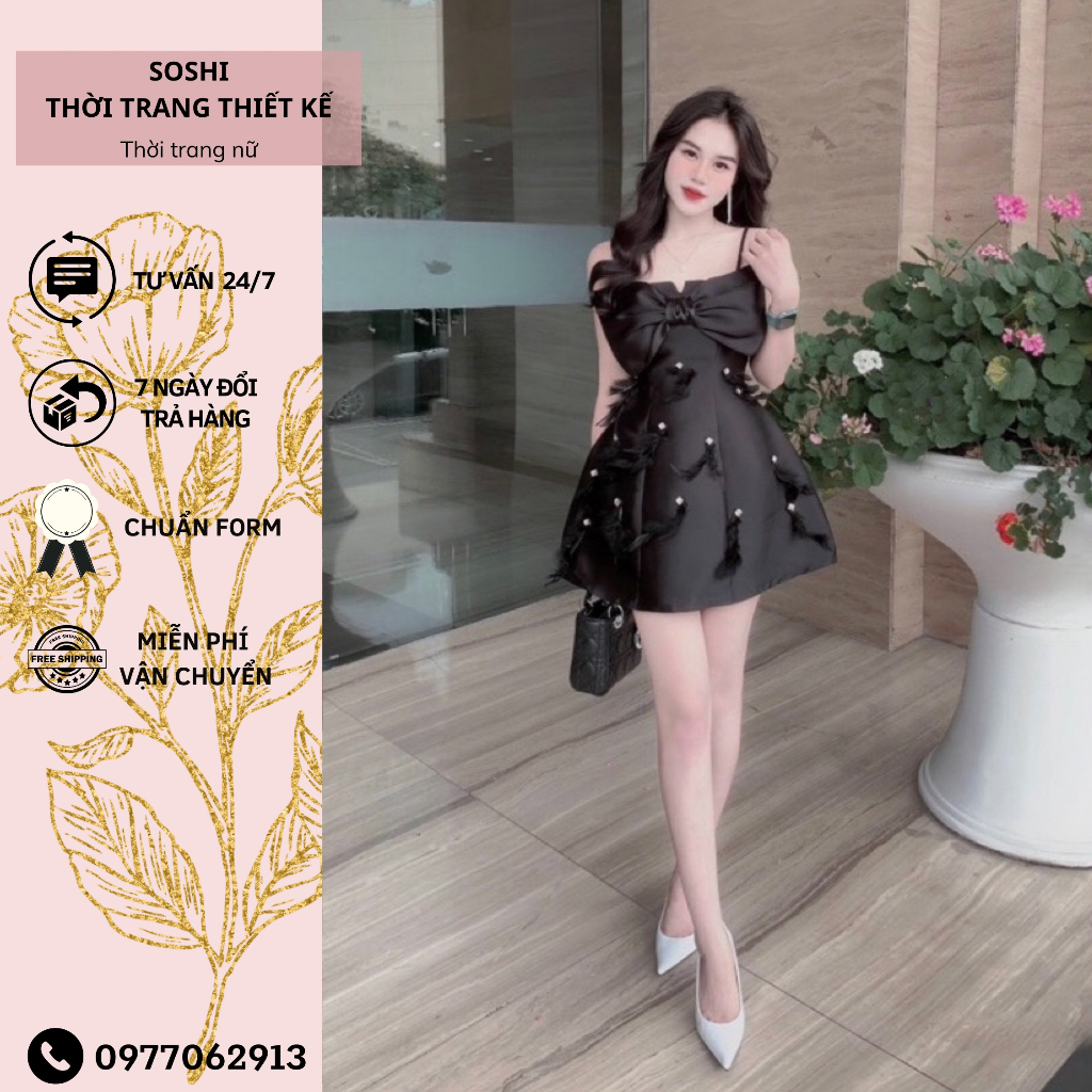 Đầm 2 dây thiết kế, váy dự tiệc sang trọng phối nơ gắn lông đính đá chất tafta 2 màu đen trắng