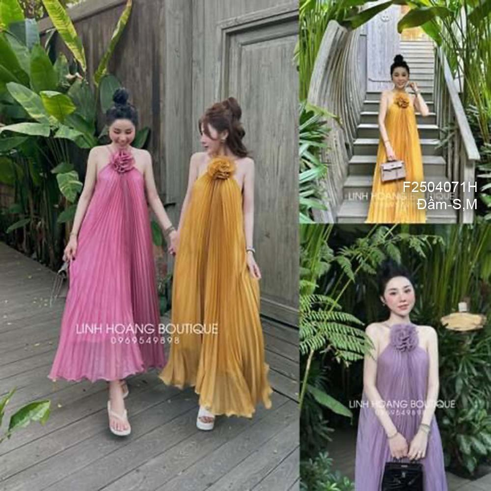 Đầm maxi 2 dây cổ yếm dập ly dáng suông ngực đính hoa!