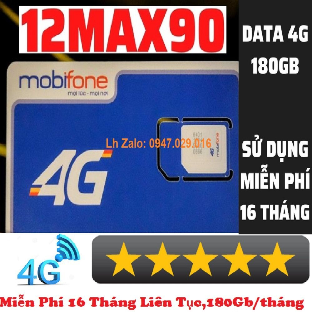 SIM 4G MOBIFONE SIÊU TỐC ĐỘ MIỄN PHÍ DATA 6GB/NGÀY - SIM 12MAX90 KÈM BẢO HÀNH