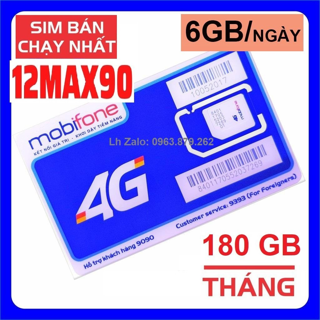 SIM 4G MOBIFONE SIÊU TỐC ĐỘ MIỄN PHÍ DATA 6GB/NGÀY - SIM 12MAX90 KÈM BẢO HÀNH