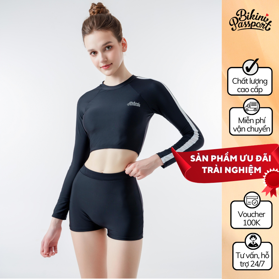 Đồ bơi NỮ BIKINI PASSPORT Hai mảnh LC tay áo phối màu & logo - Đen - BS1010_BL