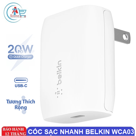 Cốc Sạc Nhanh USB-C 20W Belkin PD WCA03dqWH Chính Hãng