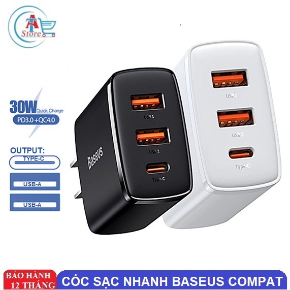 Cốc Sạc Nhanh 3 Cổng USB-A Và USB-C Baseus Compat 30W Chính Hãng - 1 Cổng Sạc TypeC, 2 Cổng Sạc USB