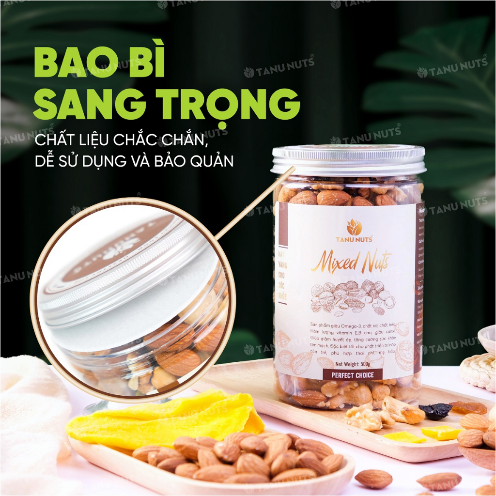 Hạt dinh dưỡng mix 7 loại TANU NUTS hũ 350gr, ngũ cốc bà bầu gồm macca, óc chó, hạnh nhân, điều, nho, xoài, việt quất.