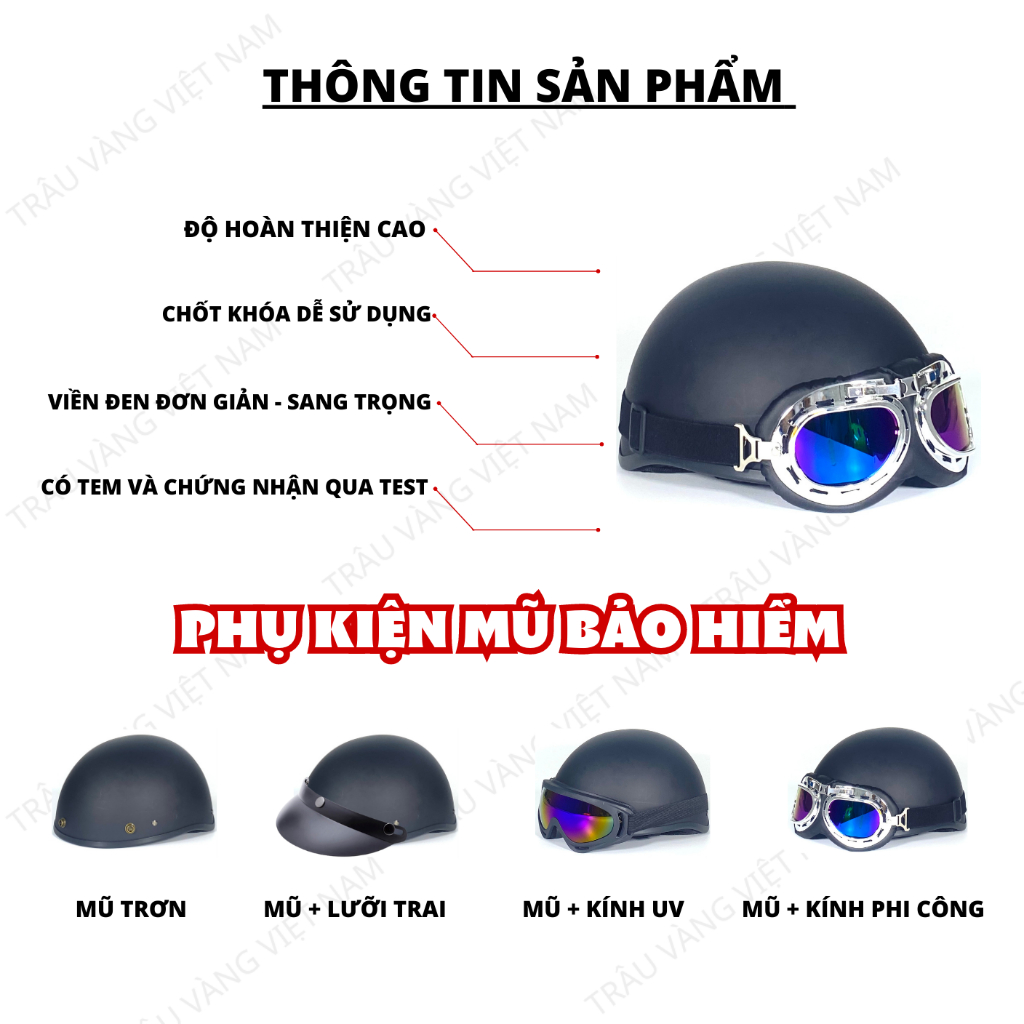 Mũ bảo hiểm nửa đầu kính phi công chính hãng Trâu Vàng VN nhiều màu trơn