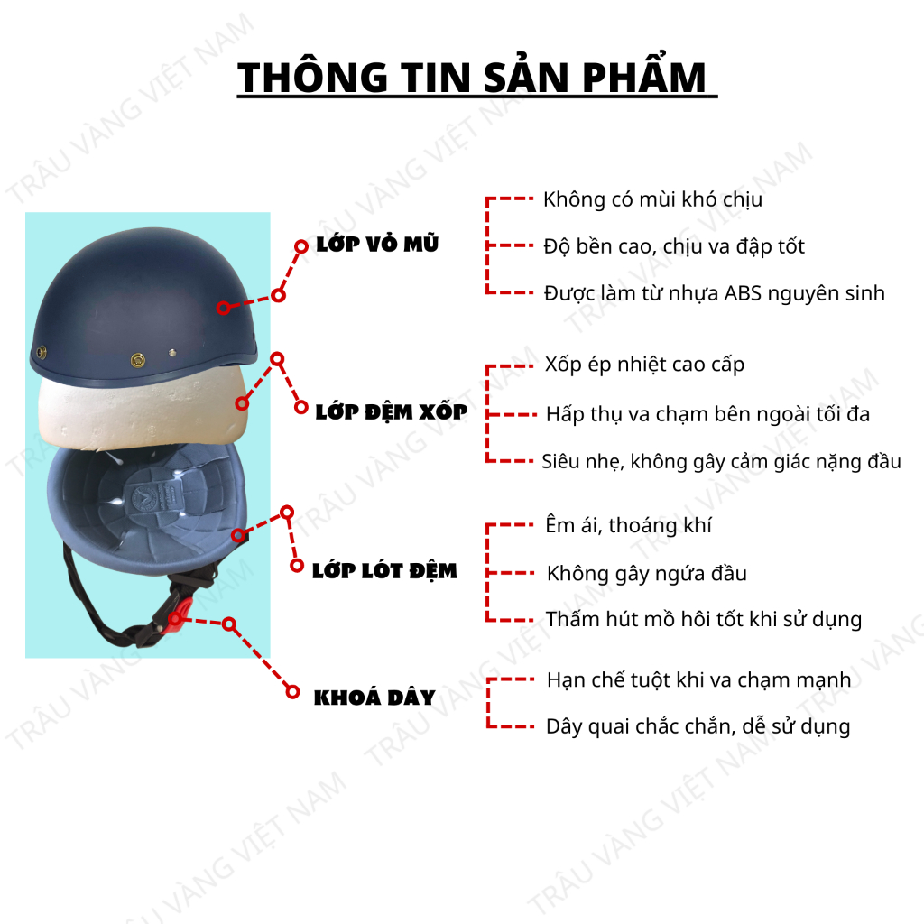 Mũ bảo hiểm nửa đầu kính phi công chính hãng Trâu Vàng VN nhiều màu trơn