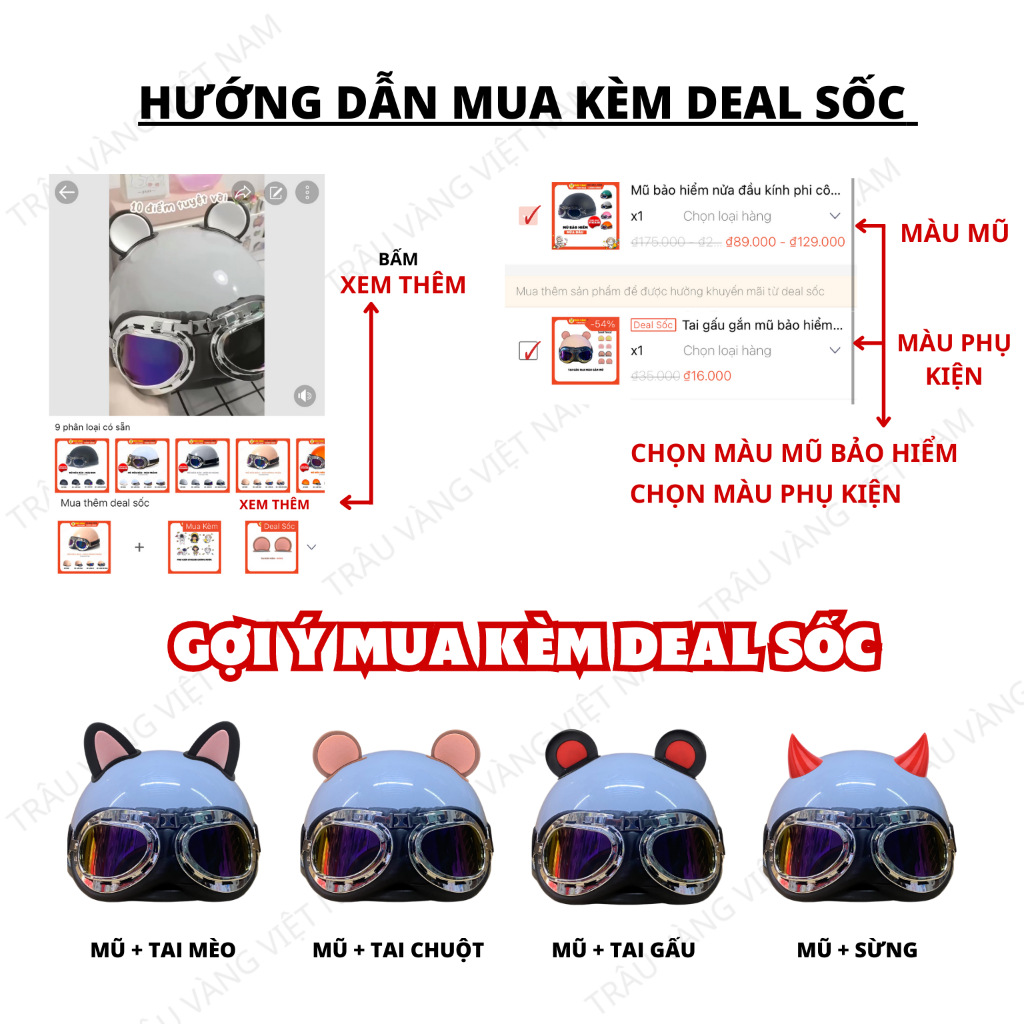 Mũ bảo hiểm nửa đầu kính phi công chính hãng Trâu Vàng VN nhiều màu trơn