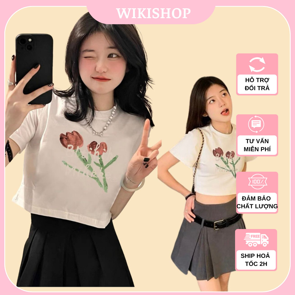 Áo croptop nữ cộc tay cổ tròn hoa tuylip trắng freesize dáng lửng hở eo sexy hàn quốc Wikishop C1558