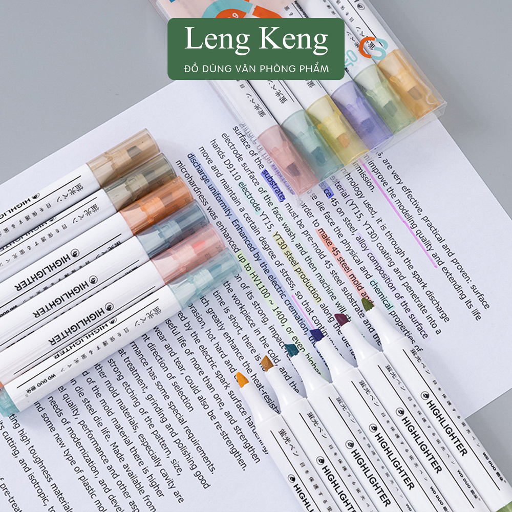 Bút dạ quang bộ 6 màu highlight pastel văn phòng phẩm Leng Keng đánh dấu nhớ dòng HP7251