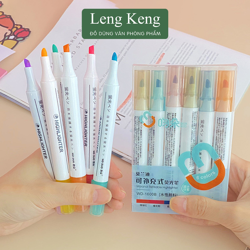 Bút dạ quang bộ 6 màu highlight pastel văn phòng phẩm Leng Keng đánh dấu nhớ dòng HP7251