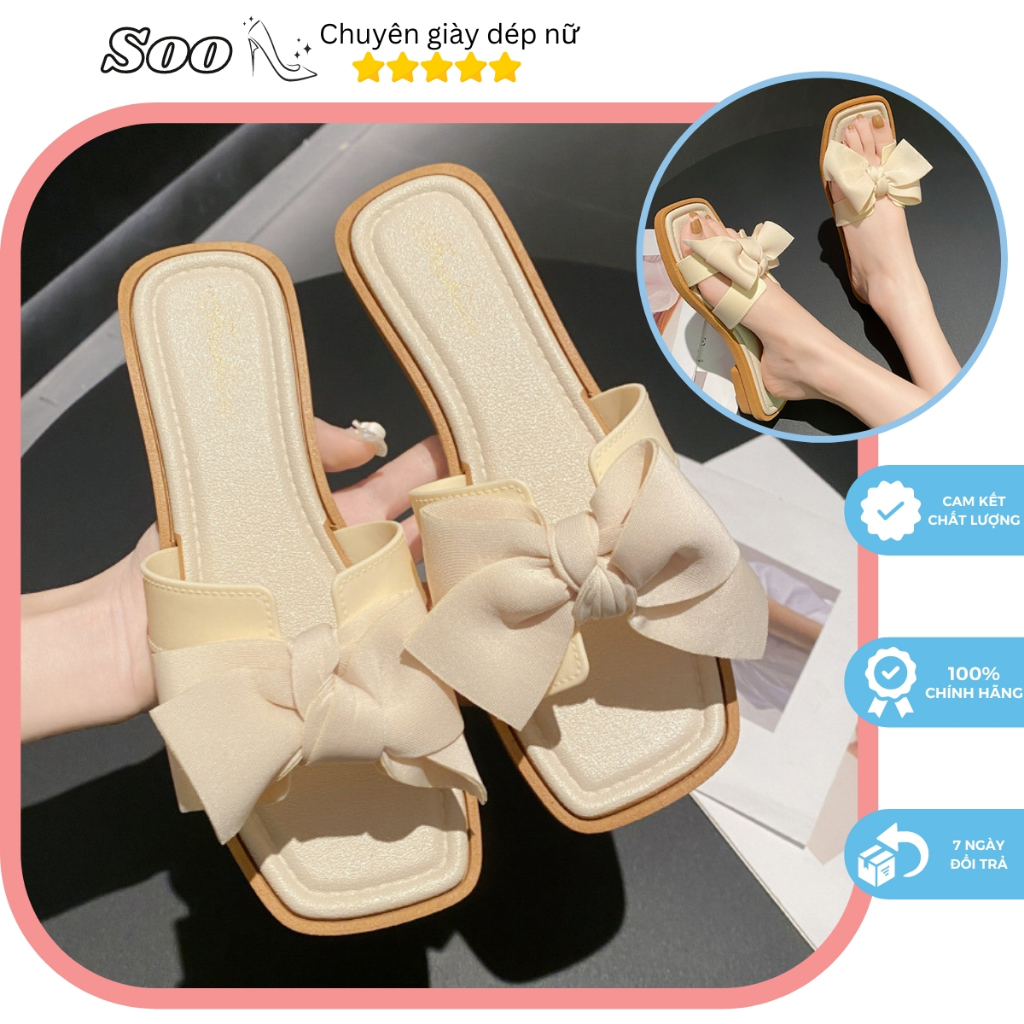 Dép lê nữ quai nơ đế mềm trống trượt cực xinh, Dép đi biển nữ mùa hè chữ H thắt nơ tiểu thư sẵn hàng