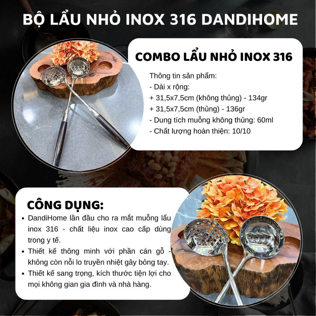 Các loại muỗng ăn lẩu inox 304 & inox 316 DandiHome - Bán lẻ muỗng không theo bộ