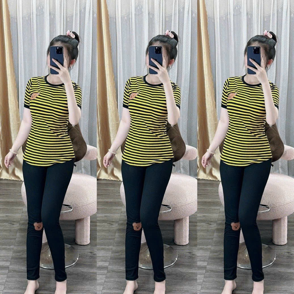 Set bộ đồ thun nữ mặc nhà, thiết kế sọc ngang cổ tròn mix cùng quần ống ôm có hình gấu nhẹ nhàng sang chảnh