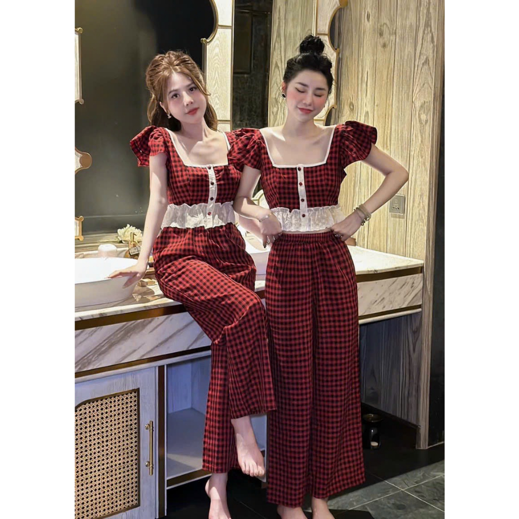 [5.5 Sales Freeship] Set bộ caro đỏ áo tay cánh tiên cổ vuông đính nút phối bèo trắng mix quần dài ống suông xinh đẹp TH