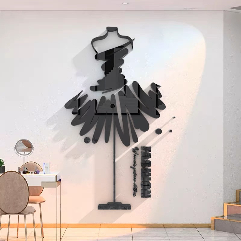 Tranh dán tường mica dán nổi fashion váy đen trang trí tiệm quần áo, shop đồ phụ kiện, studio váy cưới