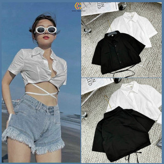 Áo Sơ Mi CUN038 Áo Croptop Tay Ngắn Dây Eo 2 Màu Thời Trang Cho Nữ