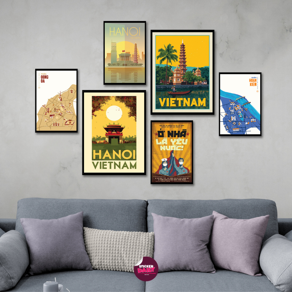 Set 6 tranh fomex dán tường chủ đề Hà Nội, Du lịch, sẵn băng keo 2 mặt, tranh decor nhà cửa